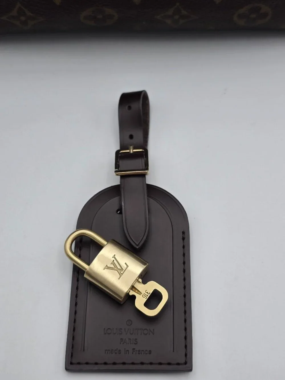 Authentic Louis Vuitton Brown Luggage Tag & Gold Padlock with Key-Made in France
